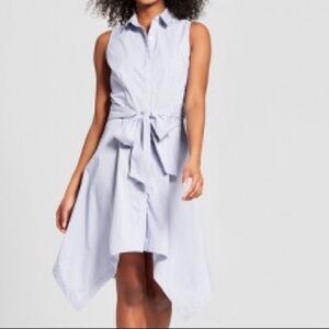 Who What Wear Target Gray and White Striped Asymmetrical Hem Dress